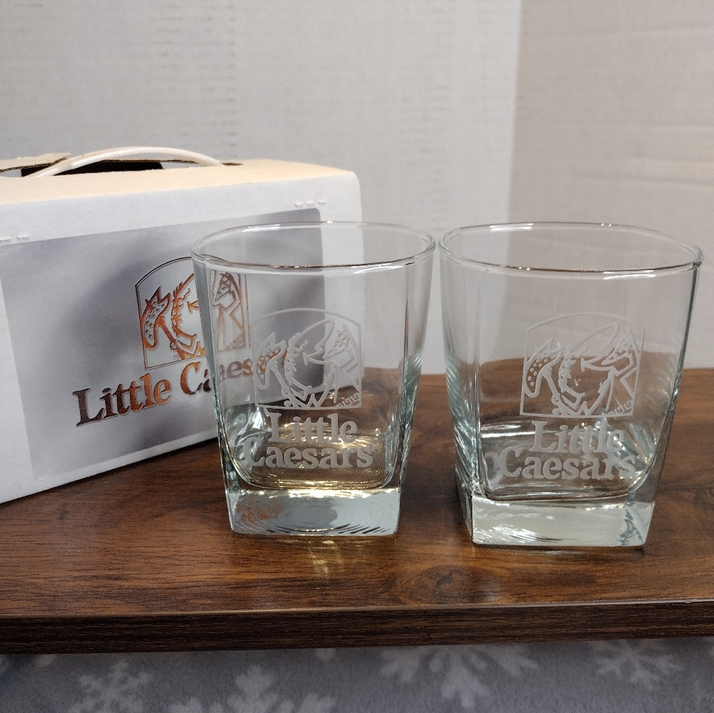 Little Caesars Set Of 2 Glass Cups With Box New never used Whiskey.